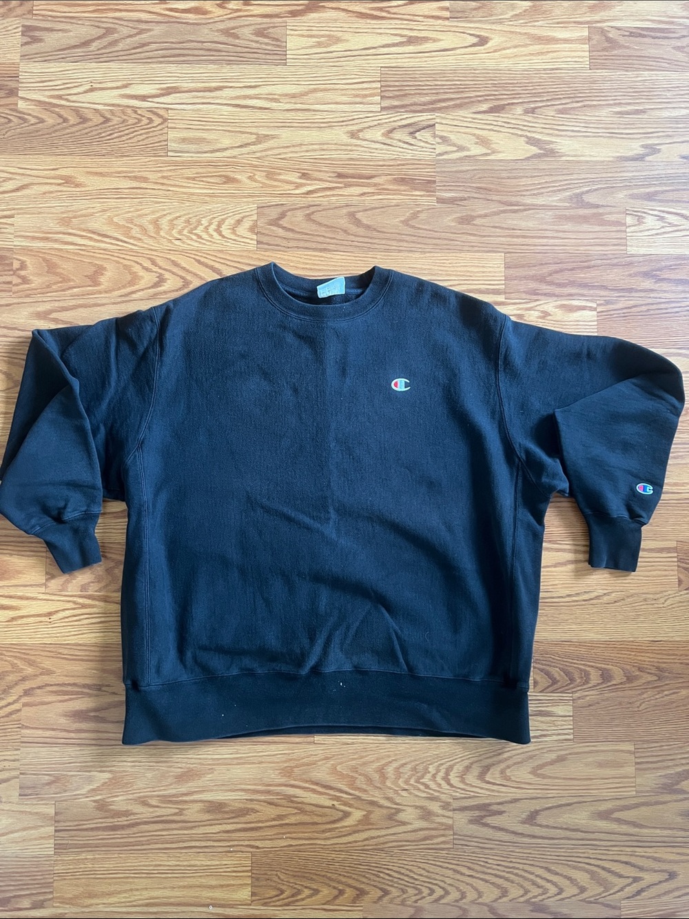 Champion Black Reverse Weave Crewneck Sweatshirt with Small Script Logo